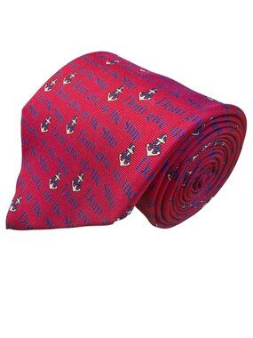 Alynn Mens Red Silk Necktie Nautical "Dont Give Up The Ship" Anchor Pattern USA